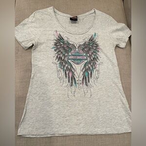 Harley-Davidson Women S Foil Swirl Wings V-Neck Short Sleeve Tee Heather Gray.
